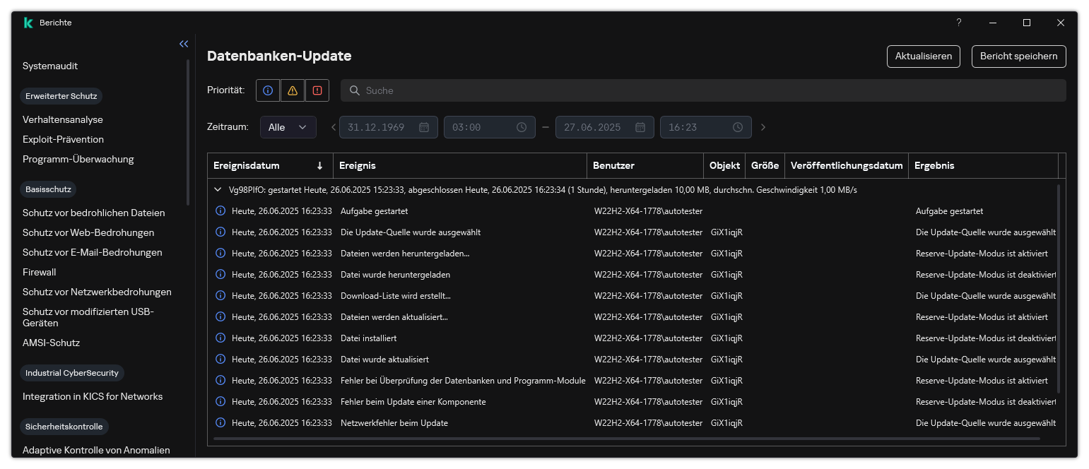 Ein Fenster mit der Ereignisliste im Bericht. Der Benutzer kann Ereignisse filtern bzw. sortieren und Berichte in einer Datei speichern.