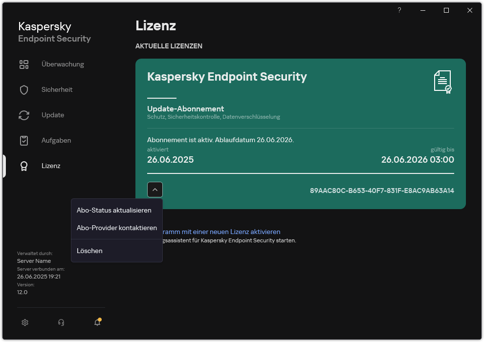 Das Fenster mit Informationen zur Lizenz. Der Benutzer kann den Abo-Status aktualisieren, den Abo-Anbieter kontaktieren oder die Lizenz entfernen.