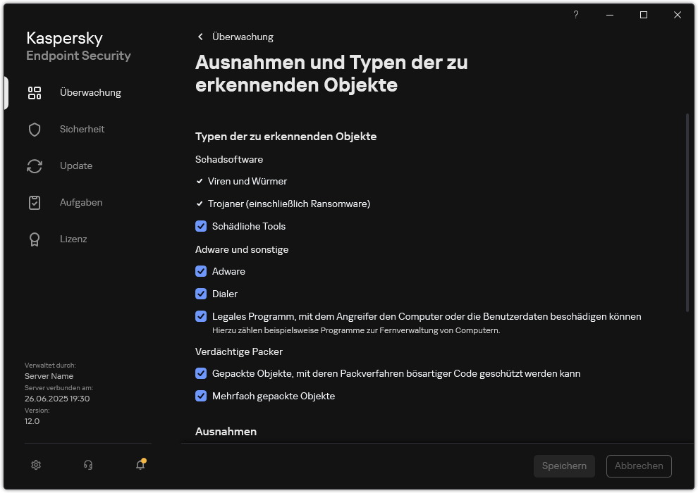 Fenster mit Einstellungen für Ausnahmen. Der Benutzer kann die Typen der zu erkennenden Objekte auswählen und Objekte zu den Ausnahmen hinzufügen.