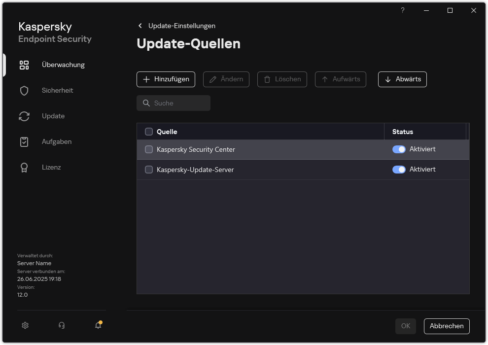 Ein Fenster mit einer Liste der Update-Quellen. Der Benutzer kann Update-Quellen hinzufügen und jeder Quelle eine Priorität zuweisen.