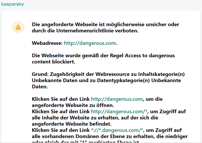 Kaspersky-Benachrichtigung: Besuch einer möglicherweise unsicheren Webseite im Browserfenster. Der Benutzer kann eine Zugriffsanfrage für die Webressource erstellen.