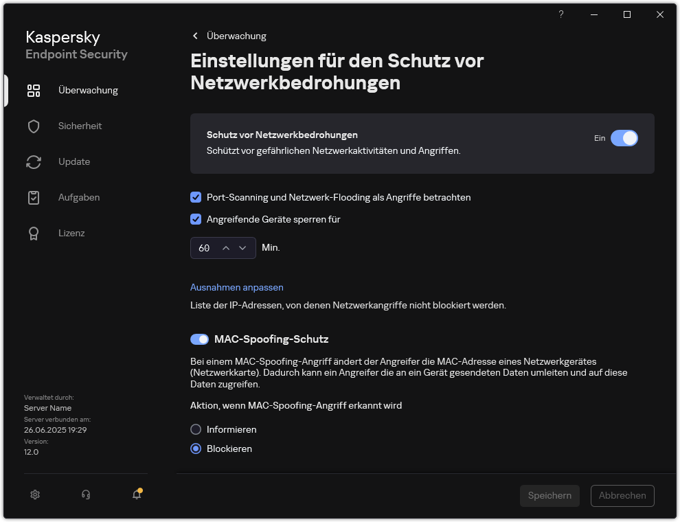 Fenster mit den Einstellungen für &bdquo;Schutzes vor Netzwerkbedrohungen&ldquo;