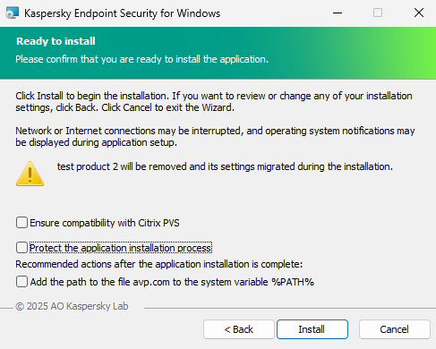 Installation settings window: installation protection, compatibility with Citrix PVS, system variable for avp.com.