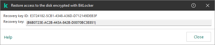 A window with the key to restore access to the encrypted non-system drive.