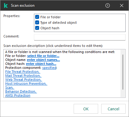 A window with exclusion selection tools. The user can select file or folder, enter an object name or hash.