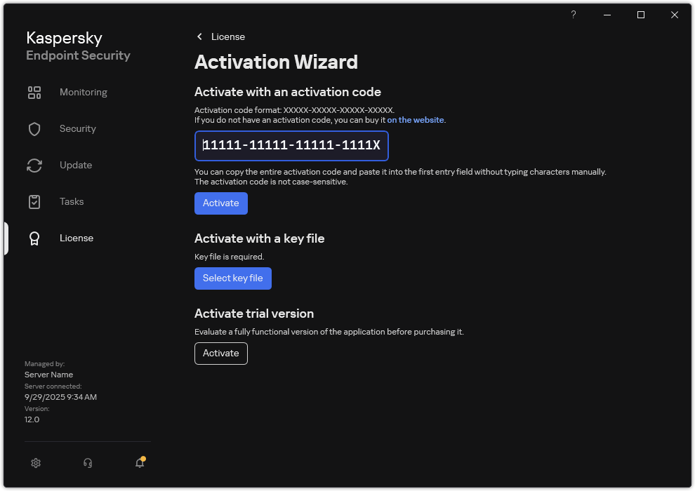 Window with the application activation tools. The user can enter an activation code or select a key file.