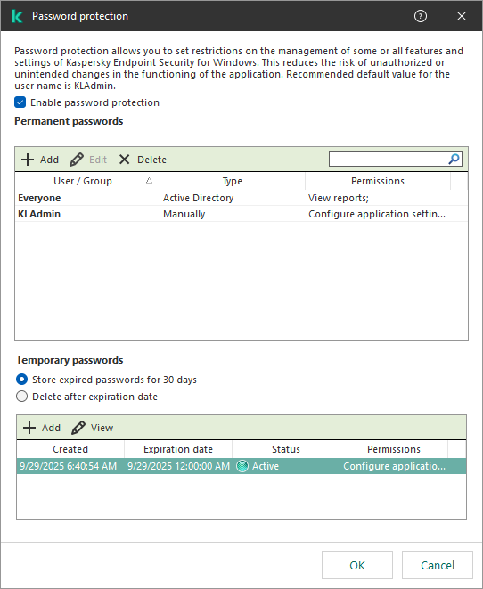 Management of temporary passwords window.