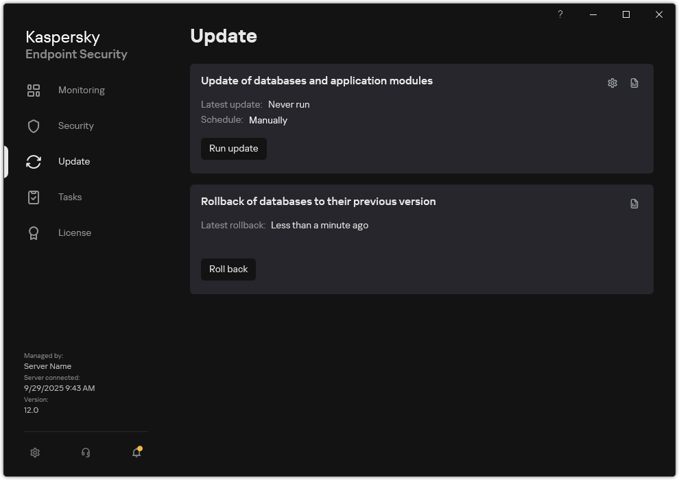 A window with the list of local update tasks. The user can start the update of databases and application modules, as well as roll back the last update.