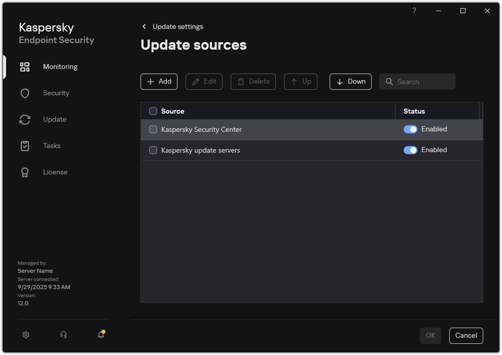 A window with the list of update sources. The user can add update sources and assign a priority to the source.