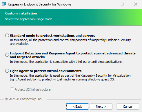 Installer window with configuration of the application: full functionality or Endpoint Detection and Response Agent.