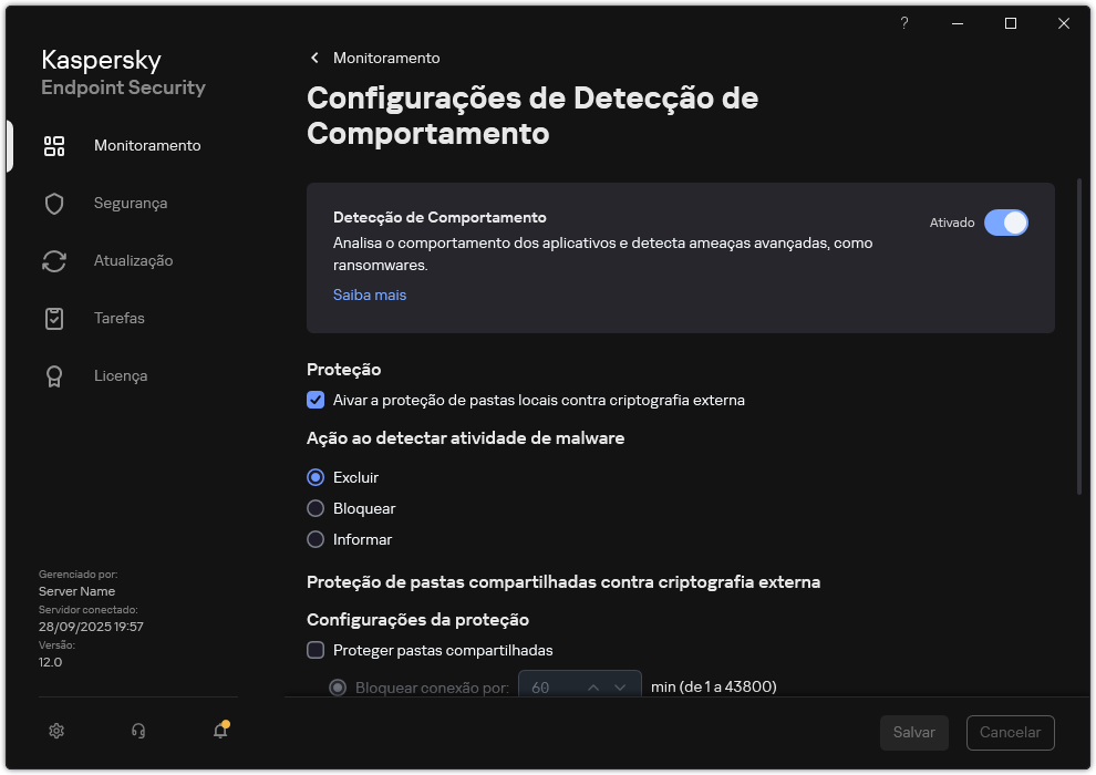 Janela Configurações de Detecção de Comportamento.