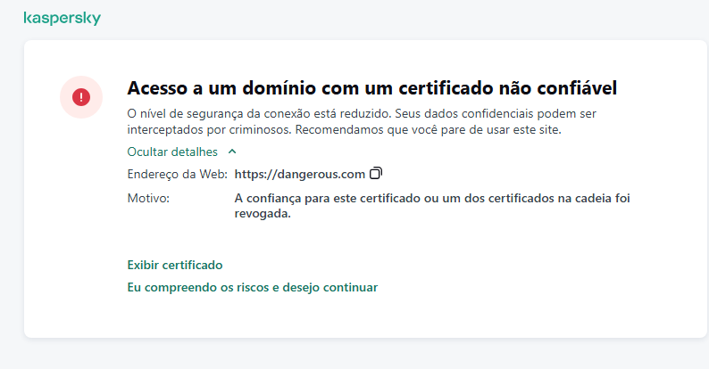 Notificação da Kaspersky sobre a visita a um domínio com um certificado não confiável na janela do navegador. O usuário pode continuar trabalhando.