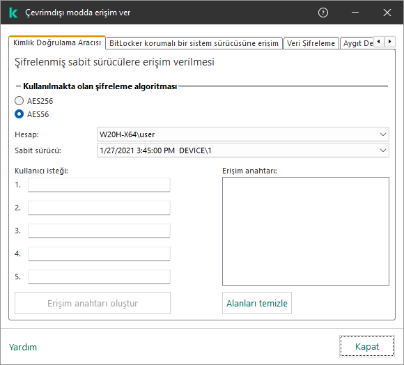 Kullanıcı isteğinin içeriğini girmek için alanlar ve şifrelenmiş diske erişmek için oluşturulan anahtar için bir alan içeren bir pencere.