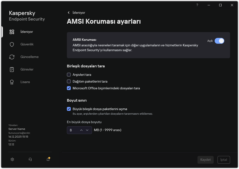 AMSI Koruma ayarları penceresi.