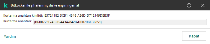 Şifreli sistem dışı sürücüsüne erişimi geri yüklemek için anahtarın bulunduğu bir pencere.
