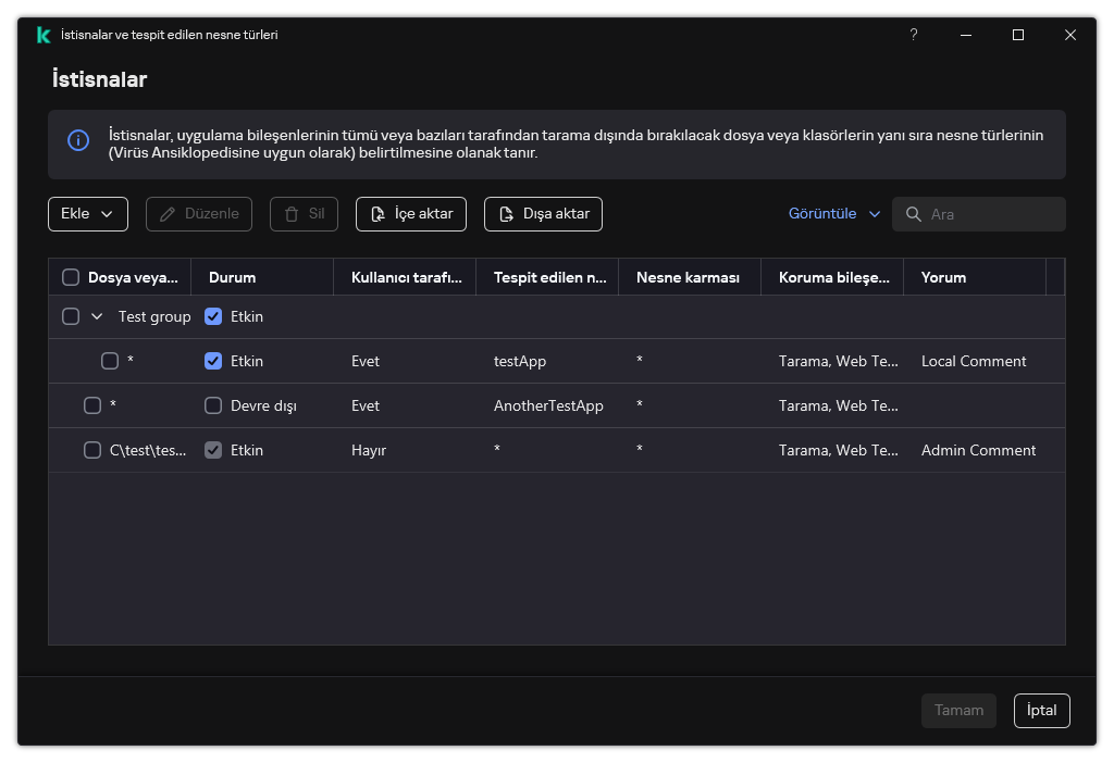 İstisnaların listesini içeren bir pencere. İstisna özellikleri görüntülenir. Kullanıcı istisnalar ekleyebilir, düzenleyebilir veya silebilir.