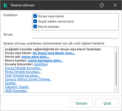 Hariç tutma seçim araçlarını içeren bir pencere. Kullanıcı dosya veya klasör seçebilir, bir nesne adı veya karma girebilir.