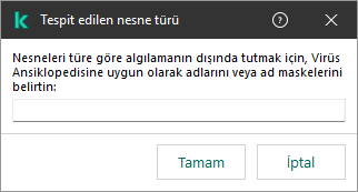 Kaspersky Virüs Ansiklopedisi sınıflandırmasına göre nesne adı veya ad maskesi girmek için alana sahip bir pencere.