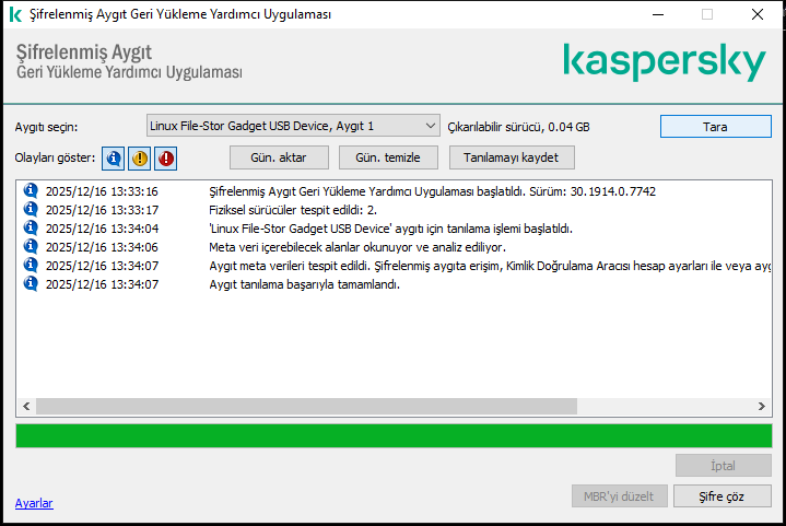 Yardımcı program olaylarının listesini içeren bir pencere. Kullanıcı tanılamayı çalıştırabilir ve seçilen cihazın şifresini çözebilir.