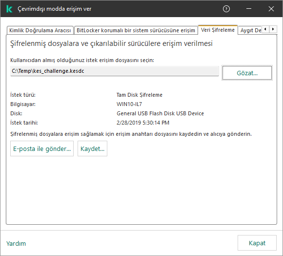 Pencere, istek erişim dosyasını seçmek için bir alan içerir. Kullanıcı, oluşturulan anahtarı diske kaydedebilir veya e-posta ile gönderebilir.