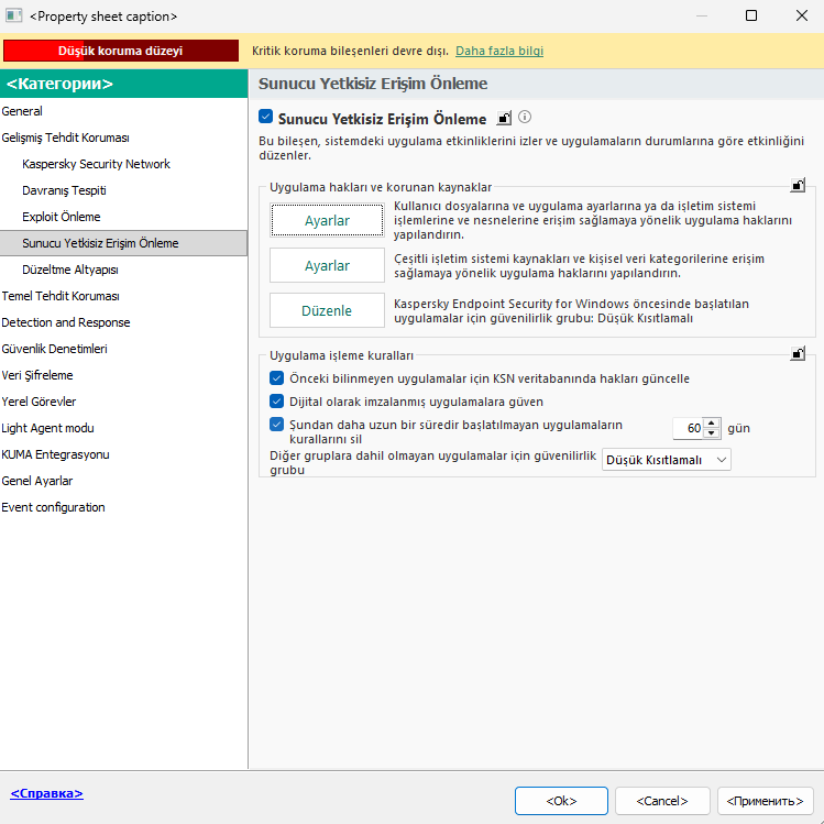 Yetkisiz Erişim Önleme ayarları penceresi.