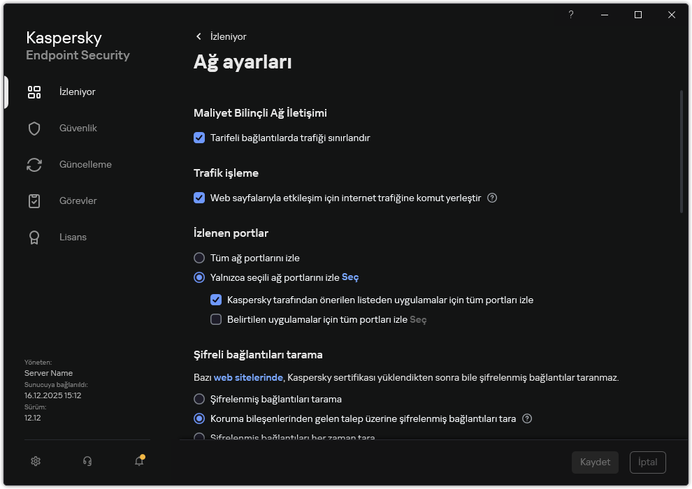 Uygulama ağ ayarları penceresi.