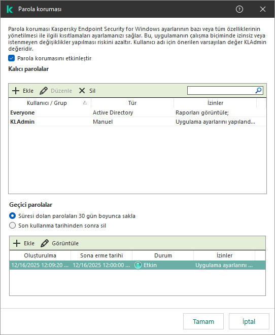Geçici parolaların yönetimi penceresi.