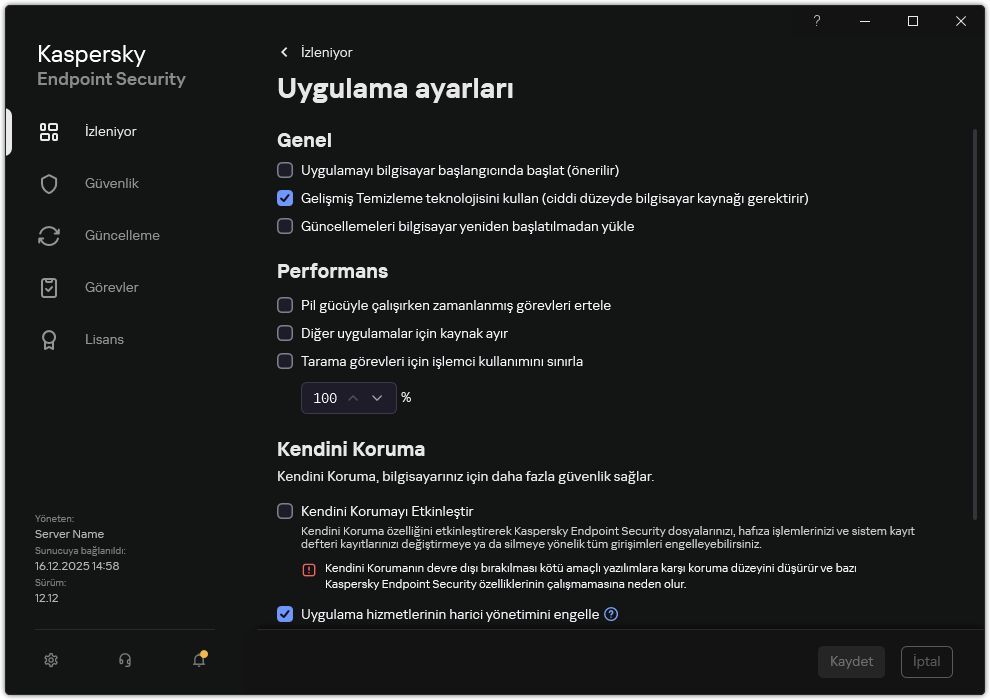 Uygulama ayarları penceresi. Kullanıcı performans, kendini savunma ve diğer ayarları yapılandırabilir.