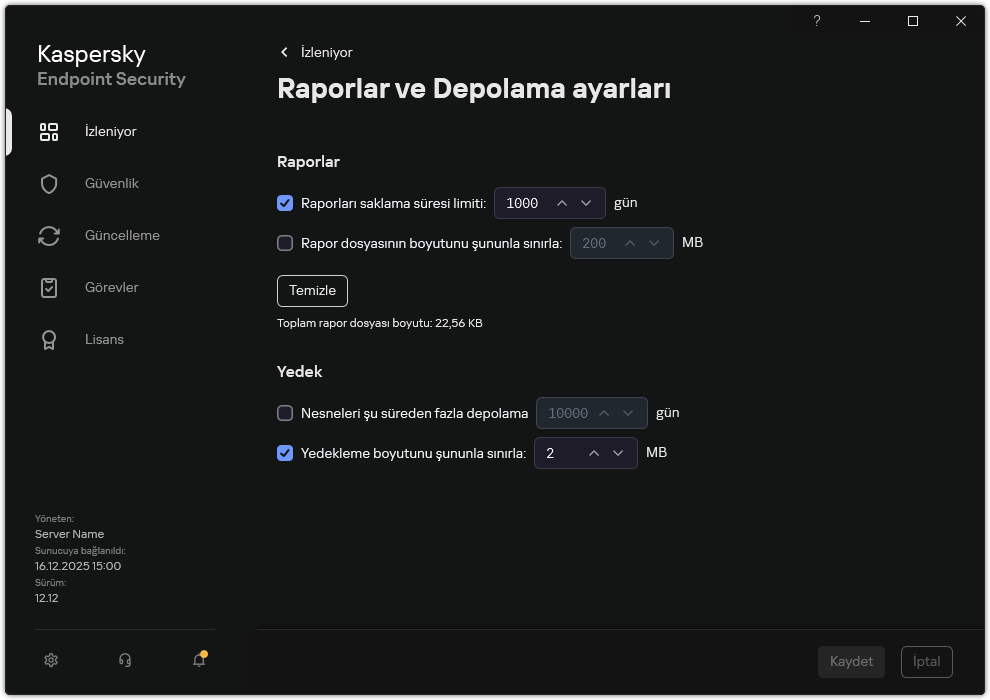 Raporlar ve Depolama ayarları penceresi. Kullanıcı, depodaki raporların ve nesnelerin boyutunu ayarlayabilir ve saklama süresini sınırlayabilir.