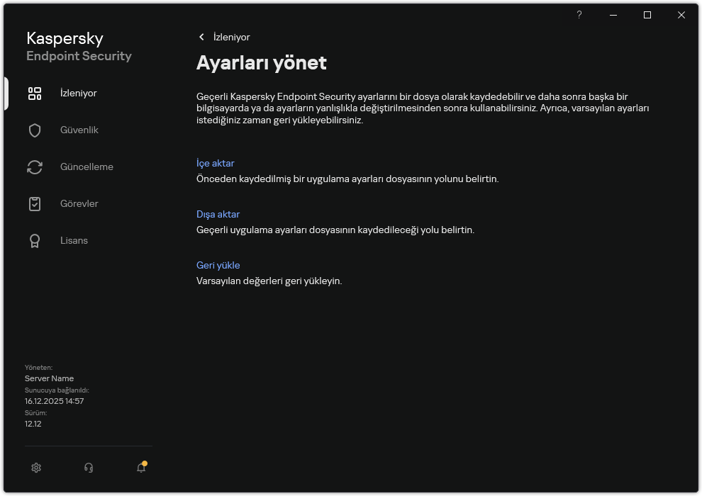 İstisna ayarları penceresi. Kullanıcı, uygulama ayarlarını dışa aktarabilir, içe aktarabilir veya geri yükleyebilir.