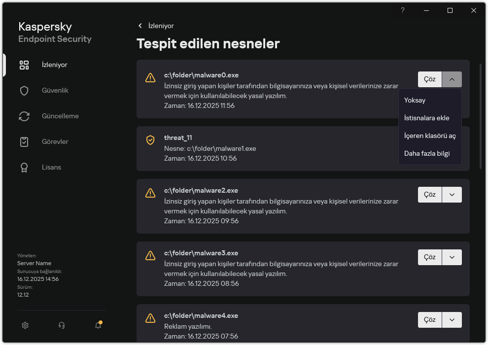 Algılanan nesnelerin listesini içeren bir pencere. Nesne hakkında bilgiler görüntülenir. Kullanıcı nesneyi çözümleyebilir veya kaldırabilir.