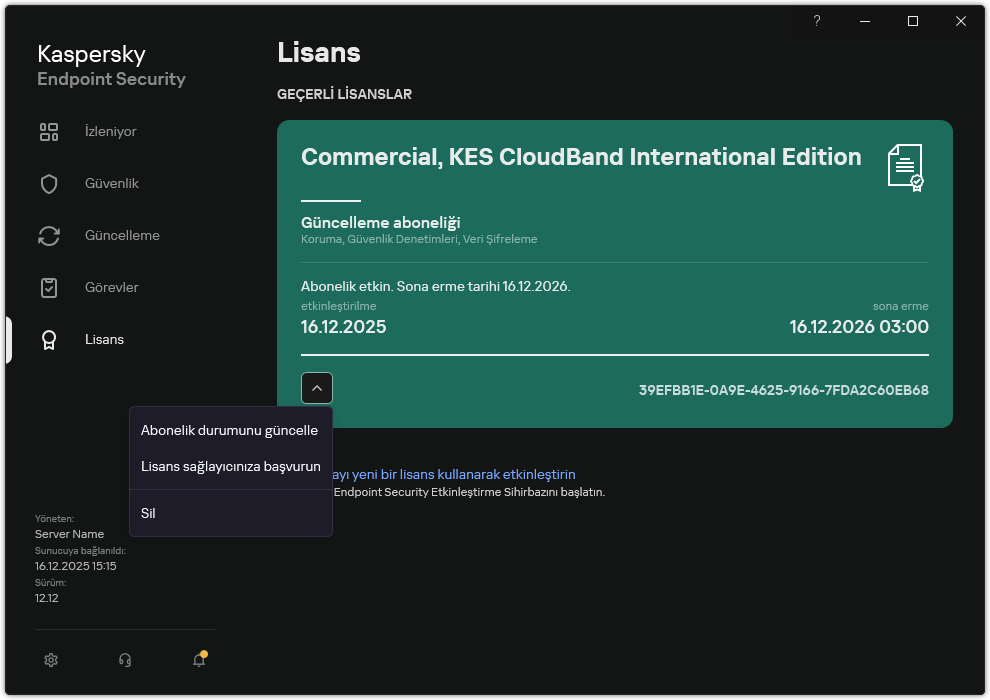 Lisans hakkında bilgi içeren pencere. Kullanıcı, aboneliği güncelleyebilir, abonelik sağlayıcısıyla iletişime geçebilir veya lisansı kaldırabilir.