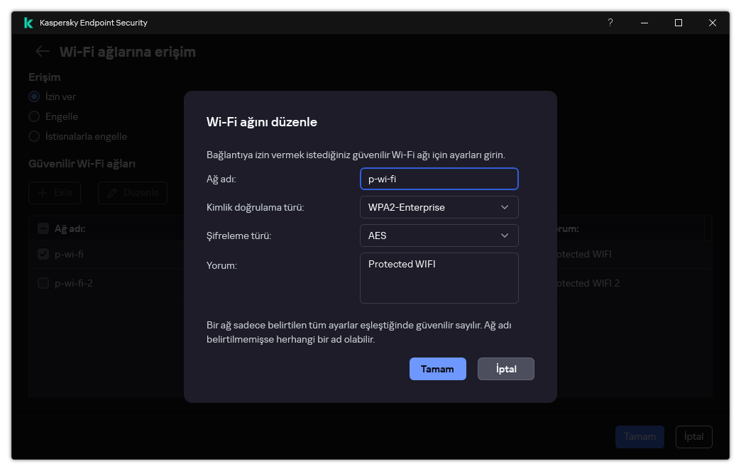Pencere, güvenilir Wi-Fi ağının ayarlarını içerir.