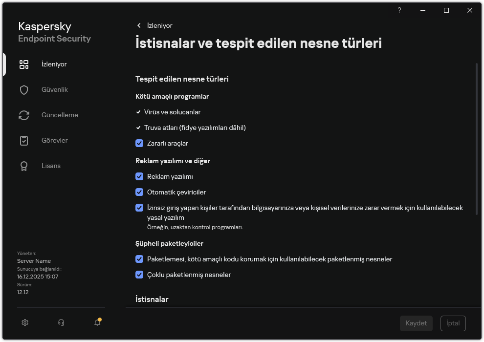 İstisna ayarları penceresi. Kullanıcı tespit edilebilir nesnelerin türlerini seçebilir ve istisnalara nesneler ekleyebilir.