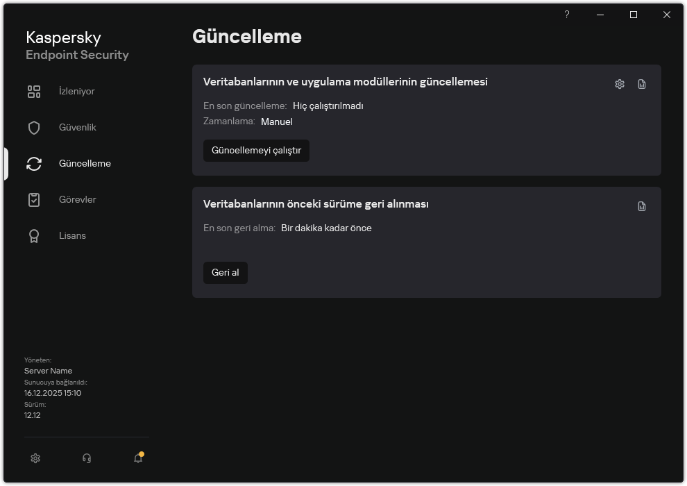 Yerel güncelleme görevlerinin listesini içeren bir pencere. Kullanıcı güncellemeyi başlatabilir ve geri alabilir.