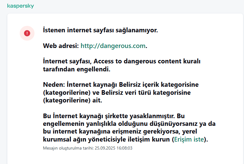 Tarayıcı penceresinde web sayfasına erişimin engellenmesi hakkında bildirim. Kullanıcı, web kaynağına erişmek için bir istek oluşturabilir.