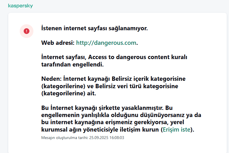 İnternet Denetimi tarafından engellenen bir web sitesini ziyaret etmeyle ilgili bildirim. Kullanıcı, web kaynağına erişmek için bir istek oluşturabilir.