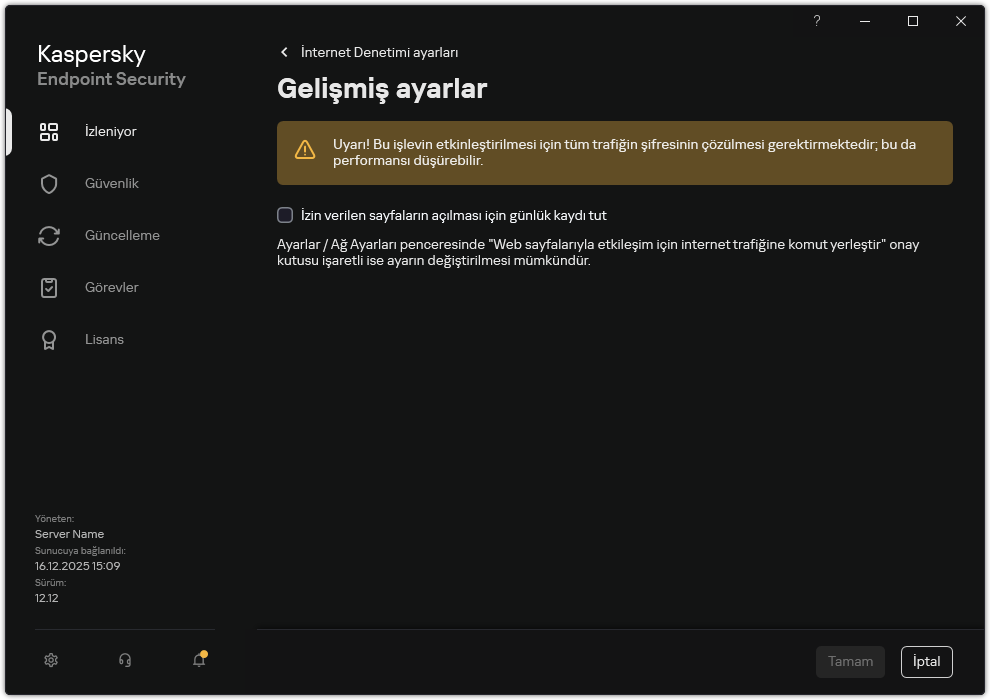 İnternet Denetimi gelişmiş ayarlar penceresi.