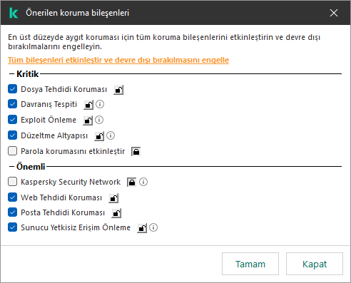 Önerilen koruma bileşenlerini etkinleştirme penceresi. Koruma bileşenlerini etkinleştirebilir ve devre dışı bırakılmalarını önleyebilirsiniz.