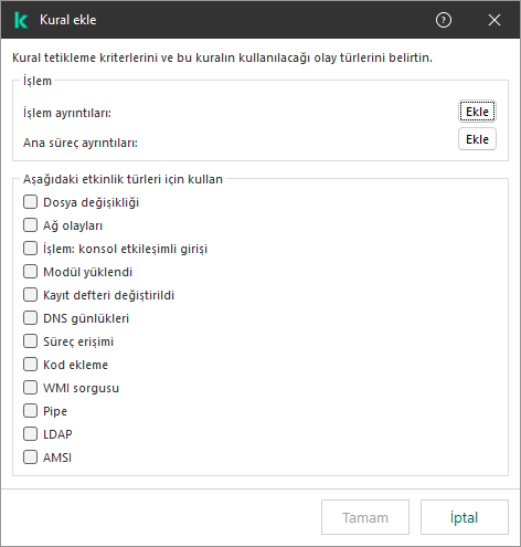 EDR telemetri istisnaları penceresi.