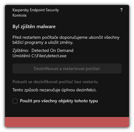 Upozornění na zjištění malwaru. Uživatel může provádět dezinfekci s restartem počítače nebo bez restartu.