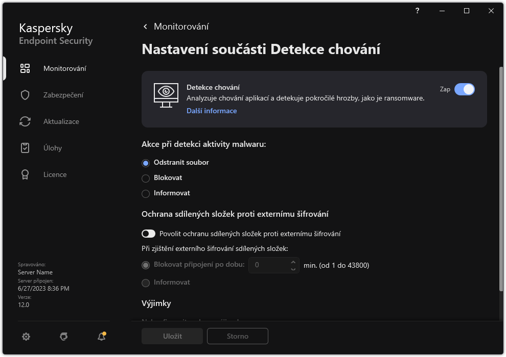 Okno nastavení součásti Detekce chování.
