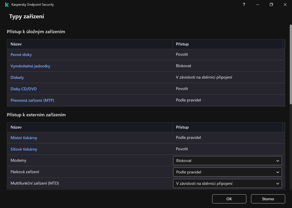 Okno pro konfiguraci přístupu k zařízením. Uživatel může nakonfigurovat přístup k zařízením a nastavit další parametry přístupu, jako je plán přístupu.