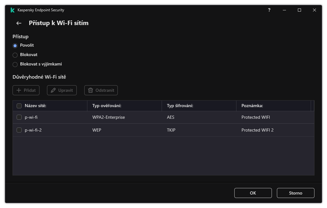 Okno se seznamem Wi-Fi sítí. Uživatel může nakonfigurovat přístup ke všem Wi-Fi sítím a přidat důvěryhodné Wi-Fi sítě.