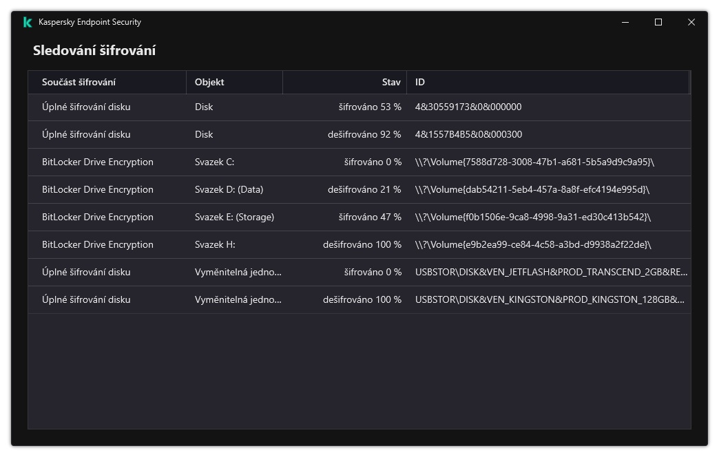 Okno se seznamem jednotek, na kterých běží šifrování. Zobrazí se technologie šifrování, stav a ID jednotky.