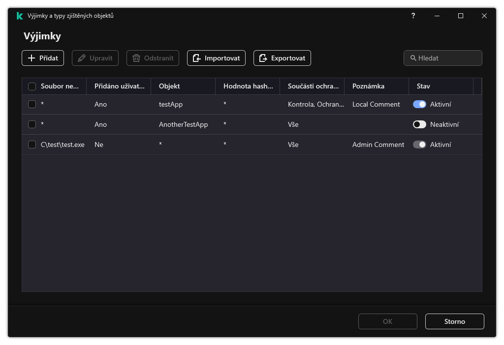 Okno se seznamem výjimek. Zobrazí se vlastnosti výjimky. Uživatel může přidávat, upravovat nebo odstraňovat výjimky.