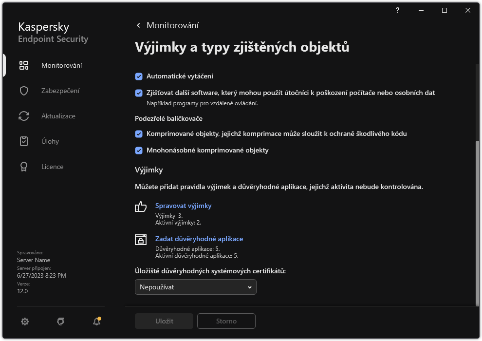 Okno nastavení výjimek. Uživatel může přidávat výjimky a důvěryhodné aplikace.