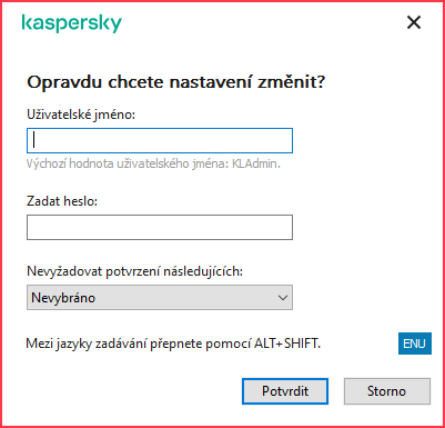 Okno obsahuje pole pro zadání uživatelského jména a hesla. Uživatel si může vybrat časové období, během kterého aplikace nebude vyžadovat heslo.