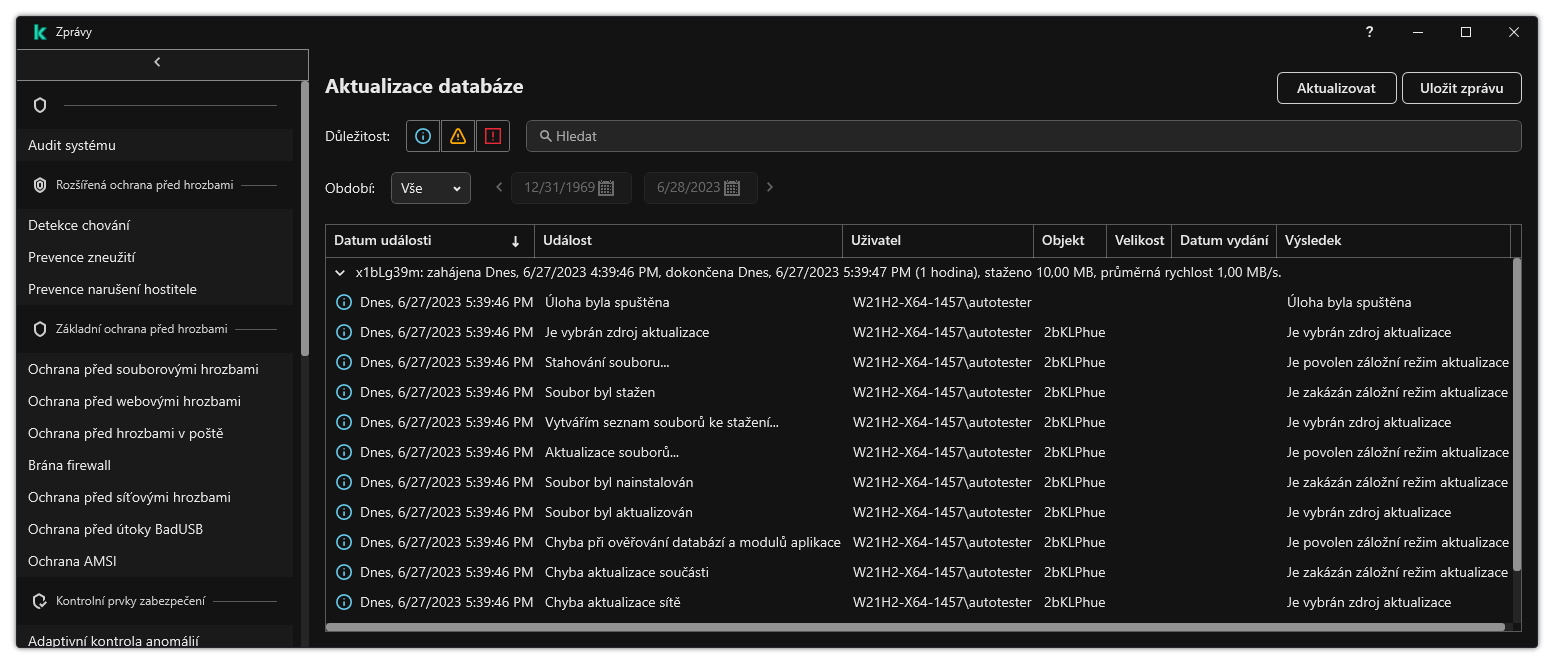 Okno se seznamem událostí ve zprávě. Uživatel může filtrovat/třídit události a ukládat zprávy do souboru.