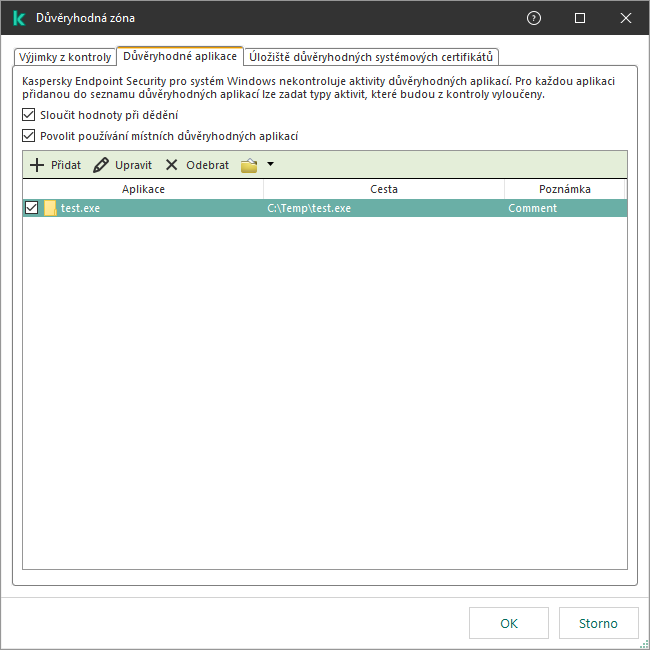 Okno se seznamem důvěryhodných aplikací. Uživatel může přidat, upravit nebo odebrat důvěryhodnou aplikaci.